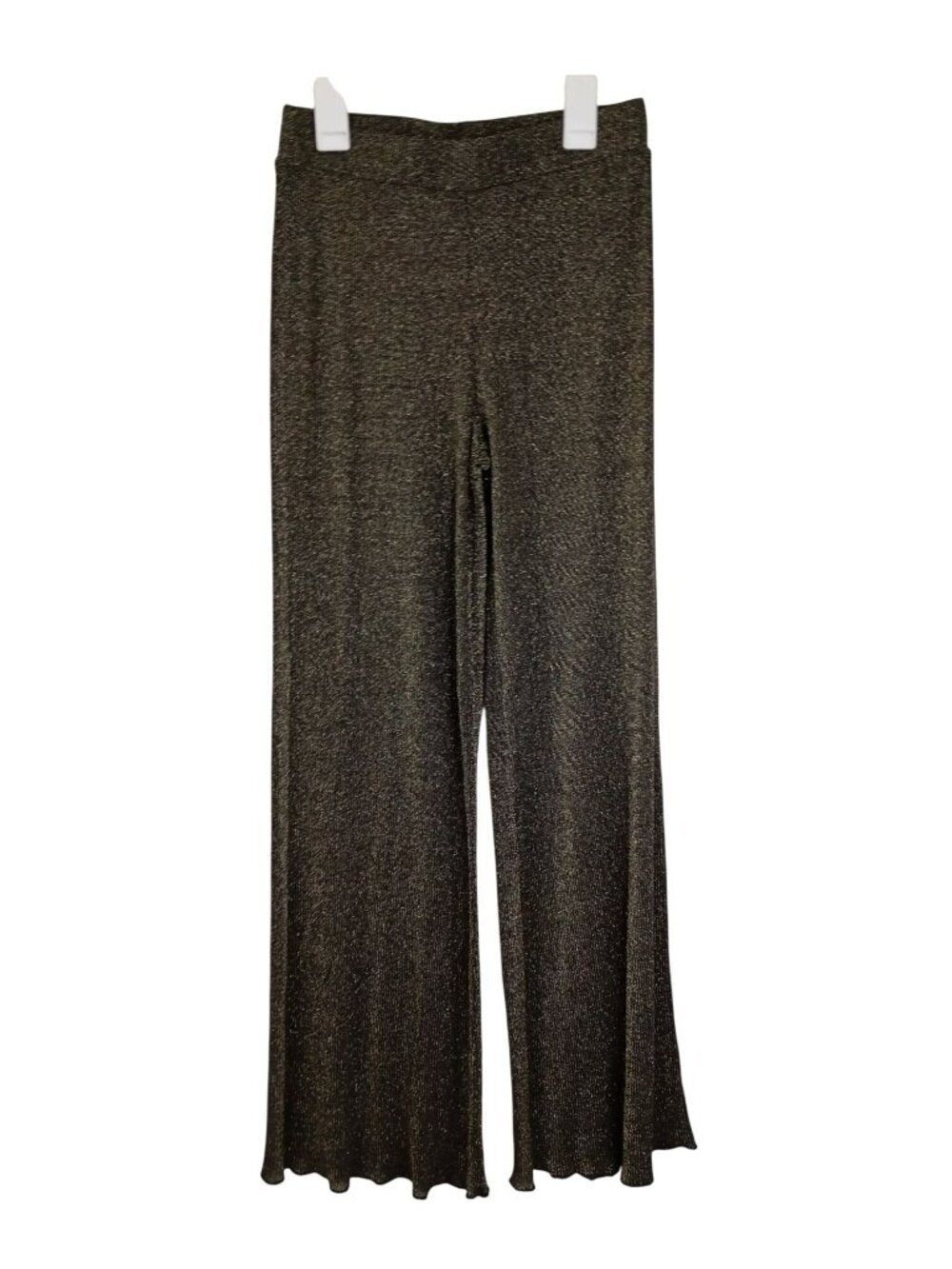 Zara Metallic Wide-Leg Pants Sz M Black Gold Shimmer Stretch Flowy Trousers